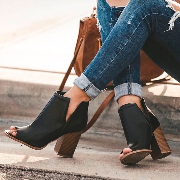 Cutout Side Peeptoe Ankle Booties Wood Stack Heel - Picture 4 of 5